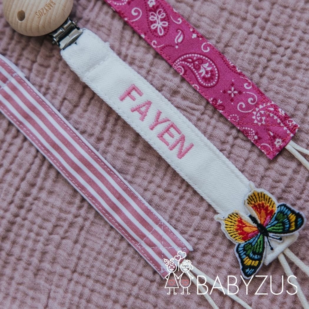 Speenkoord met naam - Beige Vlinder | Patchwork
