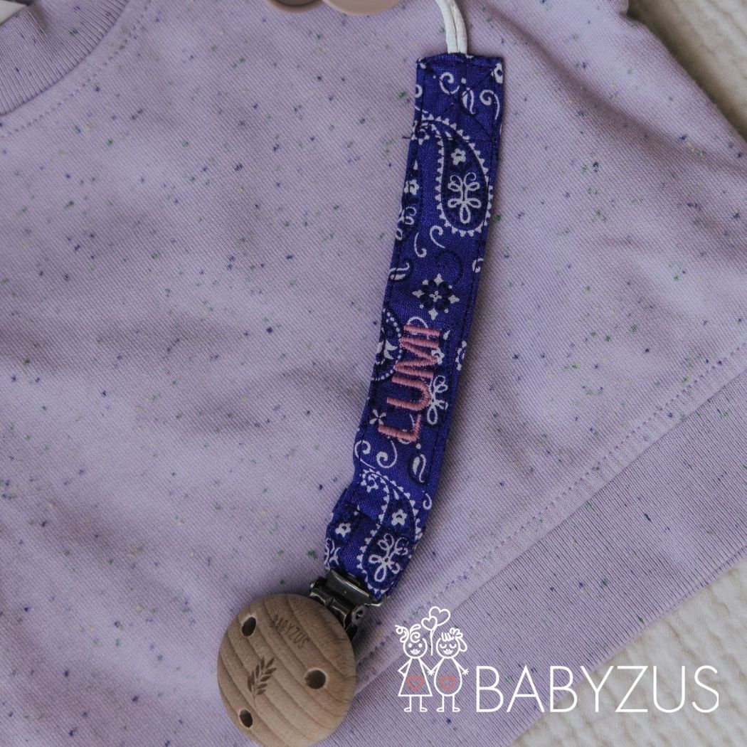 Speenkoord met naam | Paars Paisley Bandana