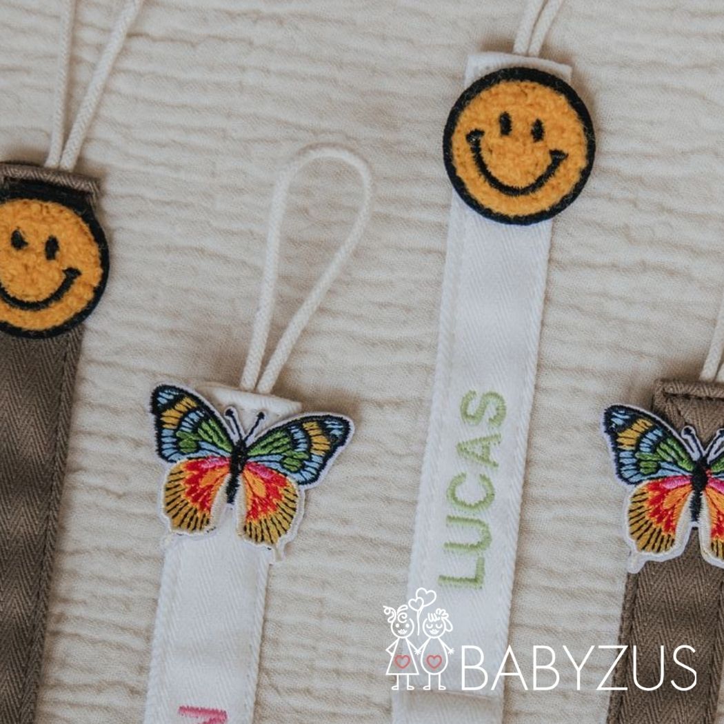 Speenkoord met naam - Bruin Smiley | Patchwork