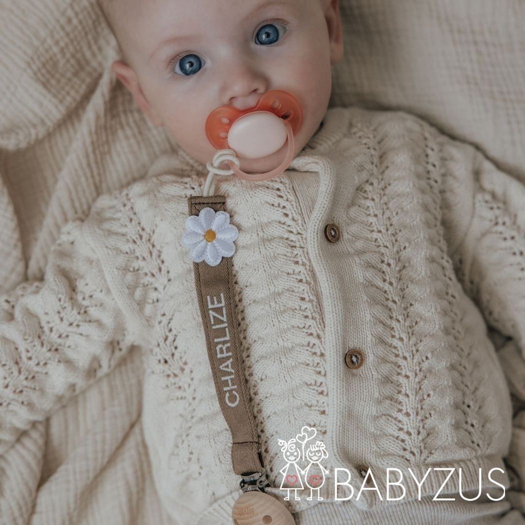 Speenkoord met naam - Bruin Flower | Patchwork