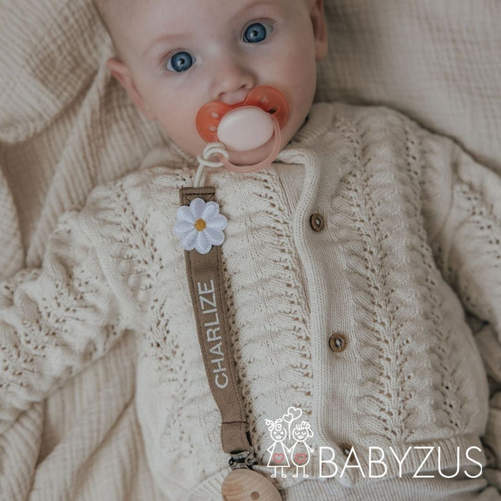 Speenkoord met naam - Bruin Flower | Patchwork