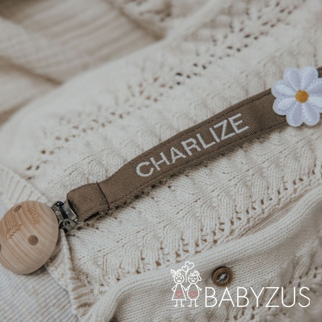 Speenkoord met naam - Bruin Flower | Patchwork