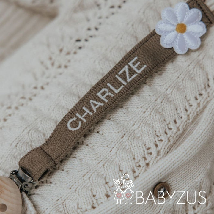 Speenkoord met naam - Bruin Flower | Patchwork