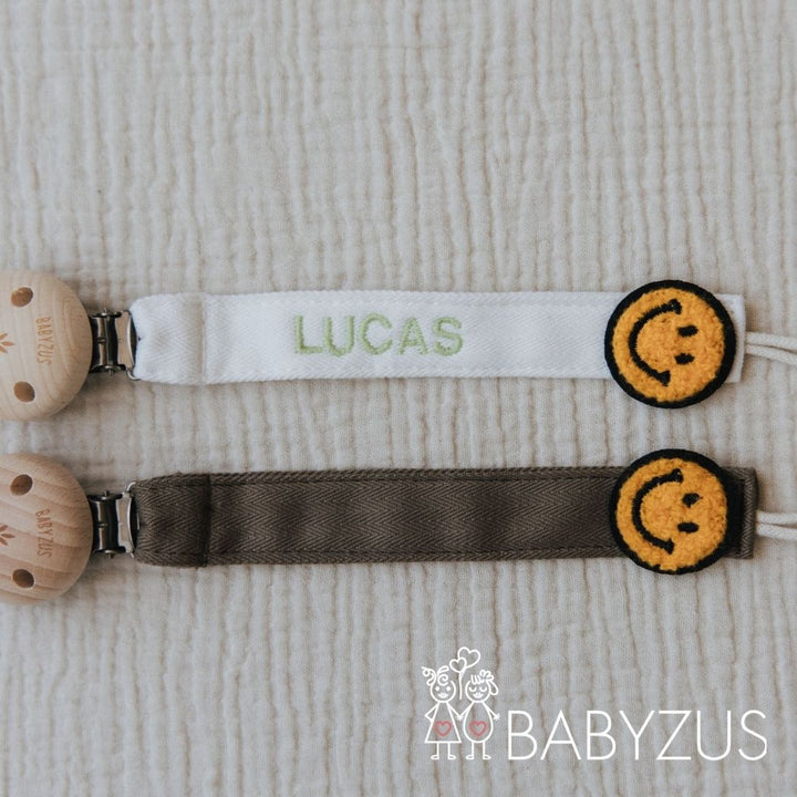 Speenkoord met naam - Bruin Smiley | Patchwork