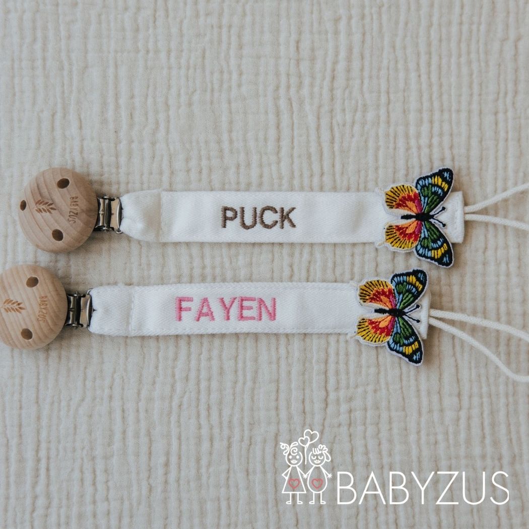Speenkoord met naam - Beige Vlinder | Patchwork