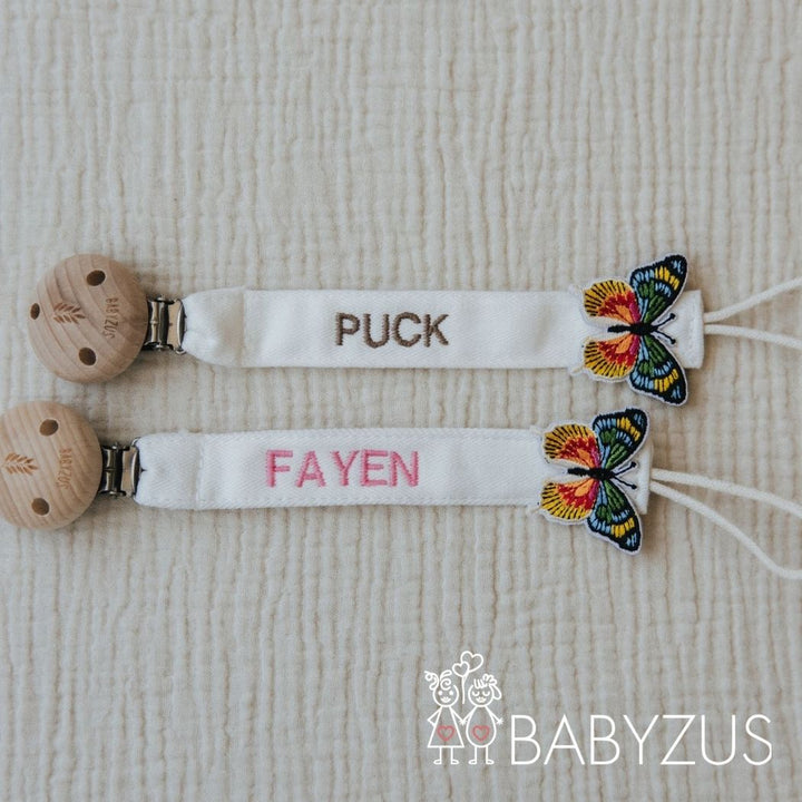 Speenkoord met naam - Beige Vlinder | Patchwork
