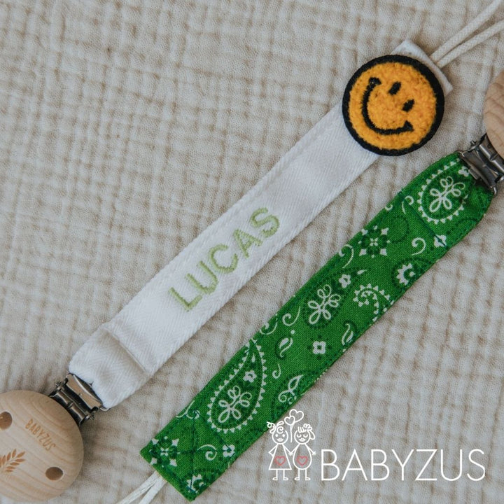 Speenkoord met naam - Beige Smiley | Patchwork